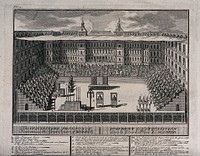 An auto-da-fé in the Great Square in Madrid with the inquisitors pronouncing the sentences to the accused and the crowds on the tribunes. Engraving.