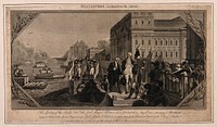 Royal Naval Hospital, Greenwich, the Lord Mayor of London disembarking, greeted by the Governor [], with rowing boats and barges to the left. Engraving by V. Woodthorpe, 1804, after E. F. Burney.