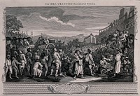 A crowd of spectators wait as Tom Idle is driven in a cart with his coffin to his place of execution and the gallows. Engraving by William Hogarth, 1747.