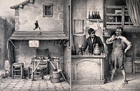 The workplace of a shoemender next to a tavern: the shoemender has gone next door for a drink in the company of the barman. Lithograph by N.L. Delaunois, 1832, after E.J. Pigal.