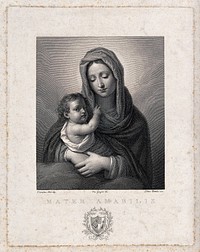 Saint Mary (the Blessed Virgin) with the Christ Child. Line engraving by P. Bettelini after V. Gozzini after C. Allori.