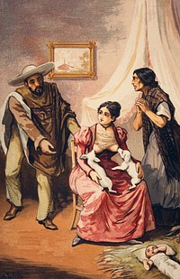 A woman breast feeding two puppies while a Mexican man and woman implore her to feed their baby, which is lying on the floor on a bed of straw. Chromolithograph after A. Utrillo Viadera.