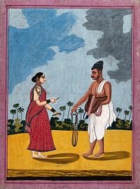 A Jain horsegroom with his wife offering him a betel leaf. Gouache drawing.