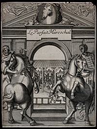 Two men with horses in front of a classical monument decorated with the head of a horse on the pediment; horse-riders in the background. Engraving after J. de Solleysel, 17--.