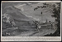 Three men in a field hunting partridge with the help of a hound, a net and a decoy. Etching by M.E. Ridinger after J.E. Ridinger.