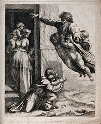 God appears to Noah and his family; three cherubs hold him aloft. Etching after Raphael.