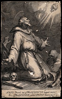 Saint Francis of Assisi receiving the stigmata of Christ from the seraph. Engraving attributed to Boëtius Adamsz. Bolswert after A. Bloemaert , 16--.