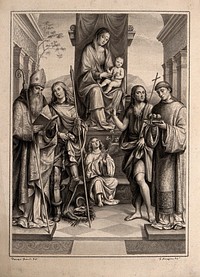 The Virgin Mary and the Christ child, with Saint Augustine, Saint George, Saint John the Baptist, Saint Stephen and an angel with a lily. Drawing by F. Rosaspina, c. 1830, after F. Francia.