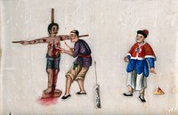 A Chinese woman being subjected to torture while tied to a cross: the woman's torturer is shown using a knife to cut open her abdomen, arms and face, while a formally-dressed man looks on. Gouache painting on rice-paper, 18--.