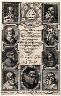 The Tetragrammaton and orders of heaven surmounting portraits of famous medical philosophers (Aesculapius, Hippocrates, Galen, Avicenna etc.) and John Woodall. Engraving by G. Glover, 1639.