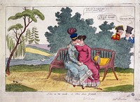 Lady Strachan and Lady Warwick making love in a park, while their husbands look on with disapproval. Coloured etching, ca. 1820.