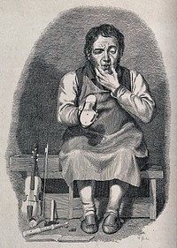 A Scottish musical shoemaker: he sits on a bench and contemplates the sole of a shoe he is holding; on the floor and resting against the bench are a violin, a recorder, and a book of music scores. Etching by Walter Geikie.