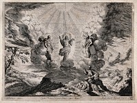 The transfiguration of Christ; Moses and Elijah appear alongside him. Etching by M. Küssell after J.W. Baur.