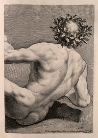 A young, naked man with a wreathed head: back view. Engraving by J.D. Herz after himself, c. 1732.