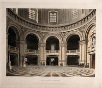 Radcliffe Camera, Oxford: interior of the library showing study areas. Coloured aquatint by J. Bluck, 1813, after F. Mackenzie.