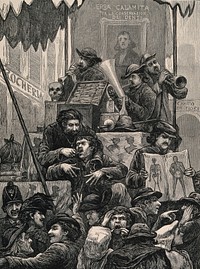 An itinerant medicine vendor and tooth-drawer with his company, performing operations and offering medicines for sale from a waggon to a crowd of people in Rome. Wood engraving, 1872.