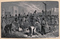 Khiva, Uzbekistan: a woman being stoned to death and a man being hanged. Wood engraving by J. Huyot after E. Bayard, 1878.