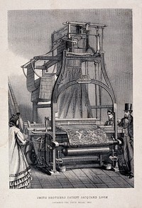 Textiles: a mechanical Jacquard loom, three-quarter view with spectators. Engraving.