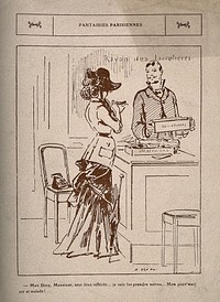 A lady buys some black garters to cheer up her sick husband. Wood engraving, c. 1900.