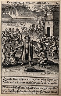 Works of mercy: just as water extinguishes fire, so works of mercy (with penitence) extinguish sin. Engraving attributed to T. Galle, 1601.