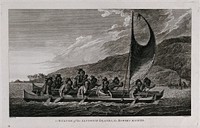 A canoe with men from the Hawaiian Islands wearing masks, encountered by Captain Cook on his third voyage (1777-1780). Engraving by C. Grignion, 1784, after J. Webber.
