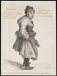 Foolish Sam, a mentally defective man in London. Etching by B. Nebot, ca. 1773.