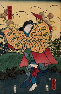 A young female role actor performing a butterfly dance. Colour woodcut by Kunisada, 1860.