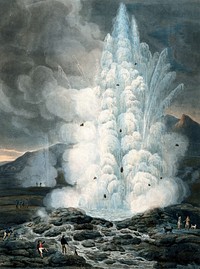 A hot spring in Iceland; people in the foreground. Coloured aquatint by F. Chesham, December 1796.