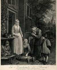 An old fish seller is selling fish on the doorstep to a woman in front of her house, while another woman is examining the fish; a shoemender looks on. Engraving by J.F. Beauvarlet after M. Carré.