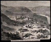Crimean War: ambulance men collecting the wounded after the Battle of Inkermann. Wood engraving.