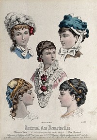 The heads and shoulders of five women: the upper two wear fancy hats with feathers, the central figure is hatless and wears an ornate lace collar, and the lower two wear head-dresses. Coloured line block by P. Lacouriere.