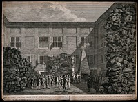 A man is scourged in the backyard of a house of correction in Amsterdam with a crowd of inmates looking on. Etching by H. Schouten.