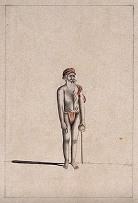 An old Hindu ascetic or holy man: standing, wearing a saffron loincloth and turban and carrying a cloth bundle, pot and beads. Drawing, ca. 1880 .