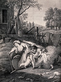 As a mouse runs up a young woman's leg, young man lifts her skirt and the cat catches it. Engraving by V. Pillement and C. Niquet after E. Le Bel.