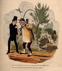 A man attempting to alert a deaf farmer using an ear trumpet as to the plight of his horses and cart. Coloured etching.