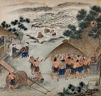 Formosan tribal peoples engaged in raising the thatched roof of a hut, mending fishing nets and tending lobster traps in a stream. Painting by a Taiwanese artist from around 1850.