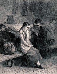A girl sitting on a bench crying as a boy pulls her plait: another boy reads beside her. Wood engraving by H. Linton.