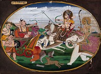 Durga on a tiger and another goddess on a white elephant, in battle with the demons. Gouache painting by an Indian artist.