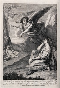 An angel rescues Hagar and Ishmael in the wilderness. Etching by E. Rooker after C. Le Brun.
