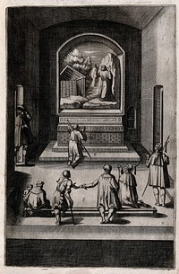Interior of the Capella della Croce on Mount Verna; with a painting of Saint Francis on the altar. Engraving attributed to D. Falcini after J. Ligozzi, ca. 1612.