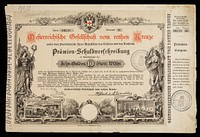 [1882 ten Gulden lottery ticket in aid of the Austrian Red Cross. Shoes horse-drawn ambulances and nurses in a ward of sick / wounded].