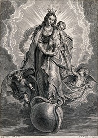 Saint Mary (the Blessed Virgin) with the Christ Child. Engraving by S.A. Bolswert after Sir P.P. Rubens.