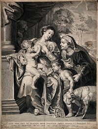 The Virgin Mary breast feeding Christ while John the Baptist and Saint Elizabeth gaze at him in wonder. Engraving by J. Witdoeck after P.P. Rubens.