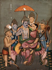 Rama and Sita enthroned attended by Hanuman, Bharata and Laksmana. Chromolithograph.