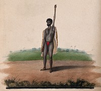 A Hindu ascetic or holy man: standing, with withered left arm raised over his head, and overgrown fingernails. Watercolour, ca. 1880 .