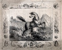 A frightened horse leaps through a cascading stream to escape from two wolves , within a border depicting mermaids, fish and other aquatic creatures. Lithograph, ca. 1850.