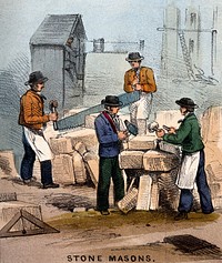 Men in a stone quarry are sawing the stone and cutting it into shape. Coloured lithograph.
