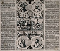 The portraits of Hendrick Daniels Slatius, Willem Perty and Jan and Abraham Blancaert surrounded by scenes of their violent deaths and their burials. Engraving with etching, 1623.