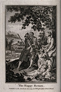 A family group gathered under a tree welcome back a member who has perhaps been away at battle. Engraving.