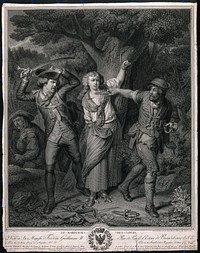 The sergeant Louis Gillet discovers a woman who had been tied to a tree by brigands and fights with the brigands to free her. Line engraving by J.G. Wille after P.A. Wille.